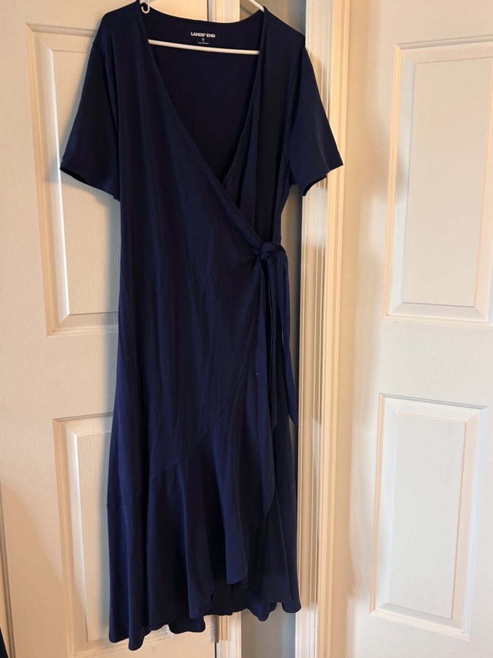 Lands' End Navy Short-Sleeve Wrap Midi Dress with Tie
